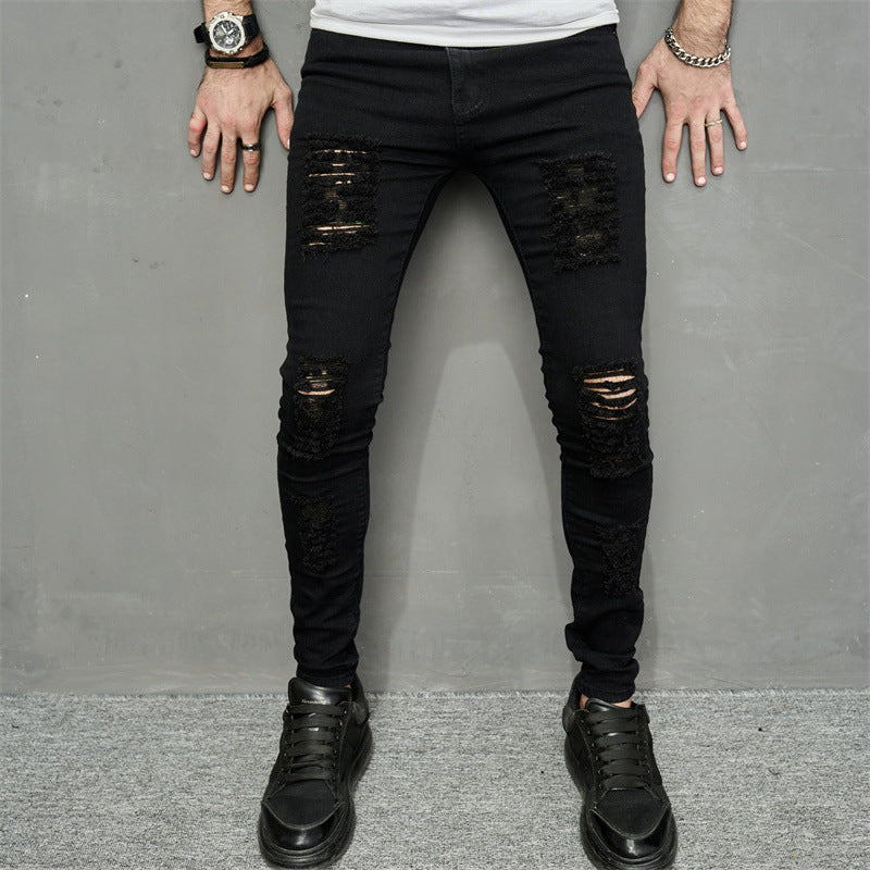 Foreign trade men's jeans trousers high elastic ripped slim jeans men AliExpress men's jeans