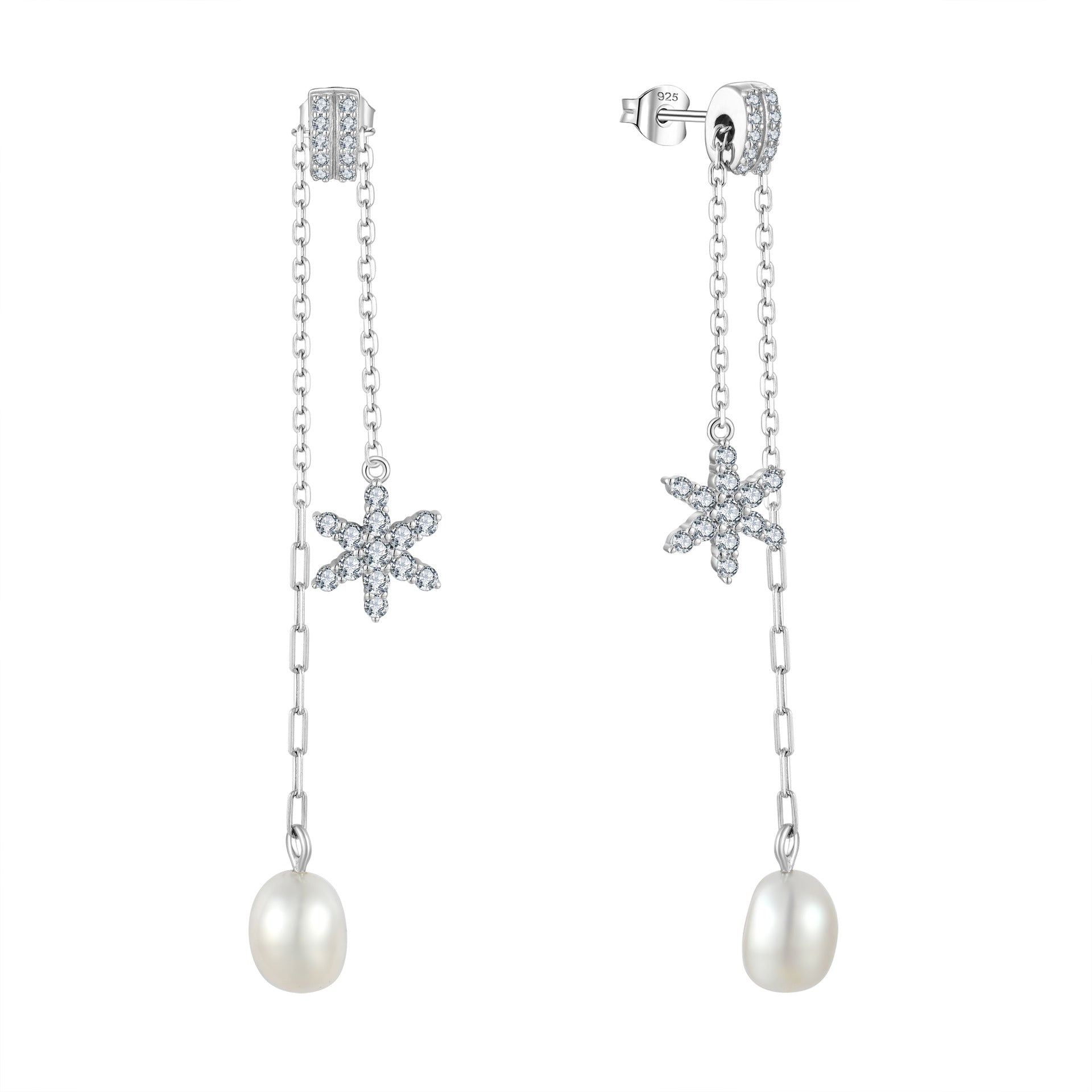 Foreign trade cross-border hot mining pearl earrings eardrops s925 silver female six-pointed star Zircon stud earrings silver accessories processing