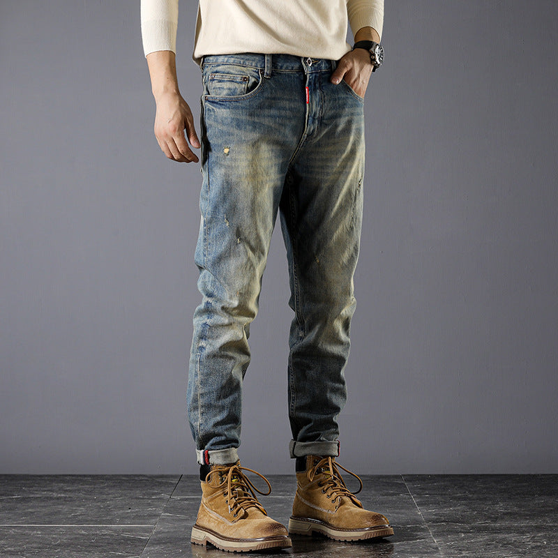 Washed jeans brushed white high quality Denim men's pants Korean style handsome stretch jeans men's