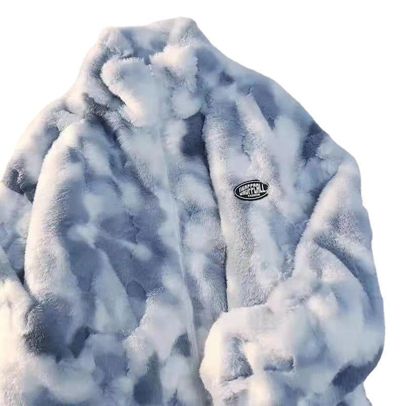 In stock wholesale tie-dyed lamb wool coat women's autumn and winter fleece-lined thickened zipper turtleneck fleece shirt Home Leisure pajamas