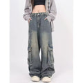 American retro washed jeans spring and autumn distressed men and women lovers wild High Street multi-pocket drape Leisure Cargo