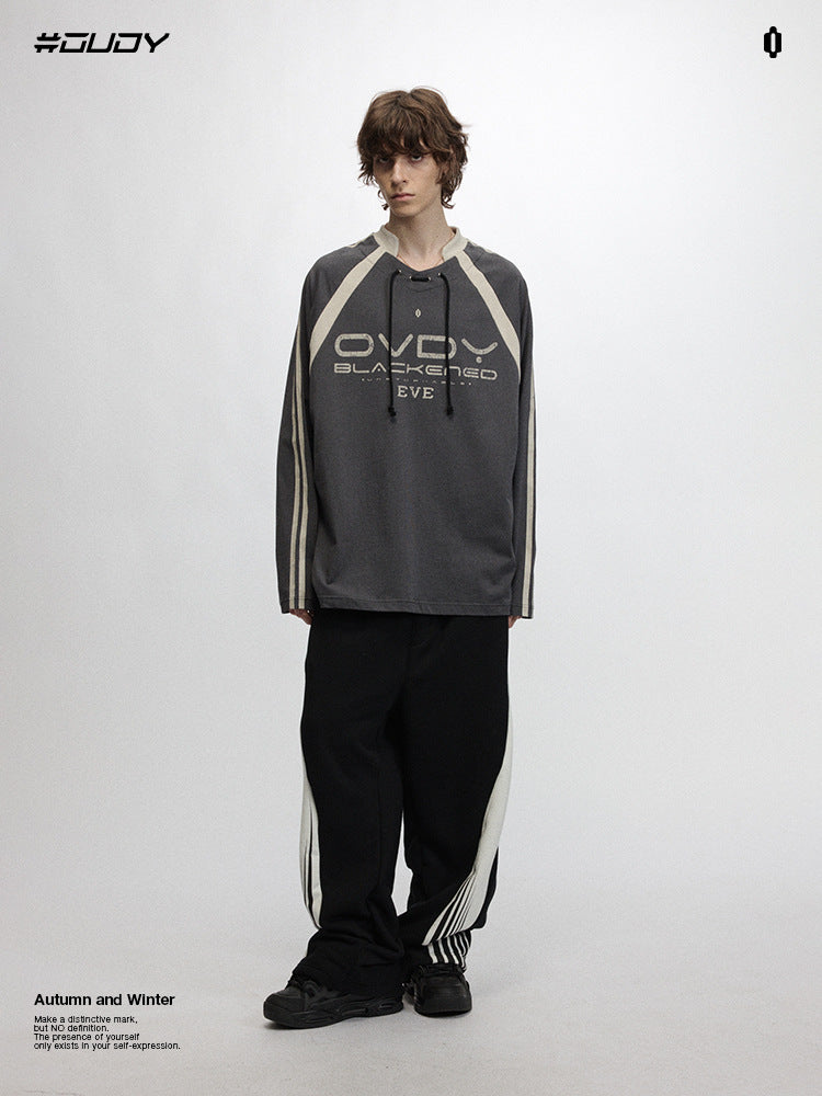 # OVDY 260g heavy contrast color raglan sleeve long sleeve T-shirt autumn and winter New Football collar bottoming shirt top