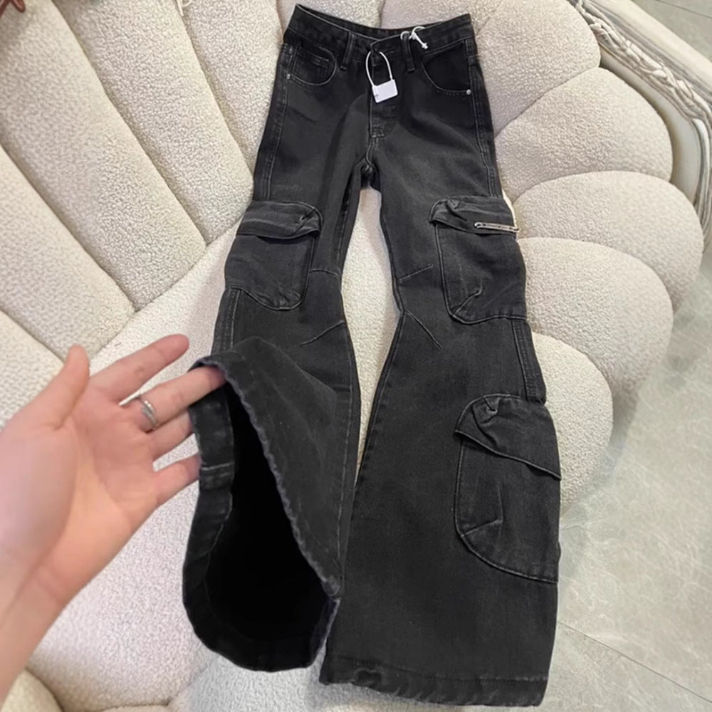 American retro workwear jeans for women Spring and Autumn new hot girl high waist slimming sense of design black micro flare pants tide