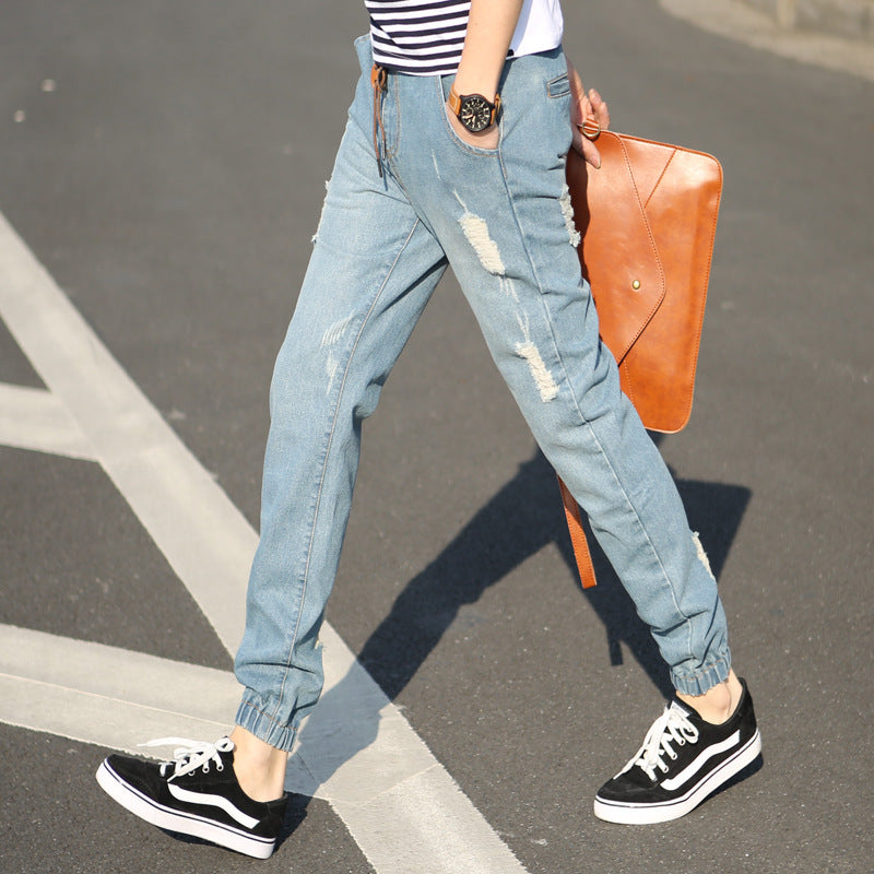 Men's jeans ankle-tied harem pants youth loose jeans autumn and winter elastic waist stretch skinny jeans