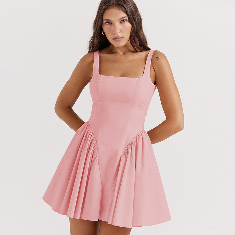 Europe and America cross border spring new solid color sexy backless stitching lace up short girly style ruffled dress women