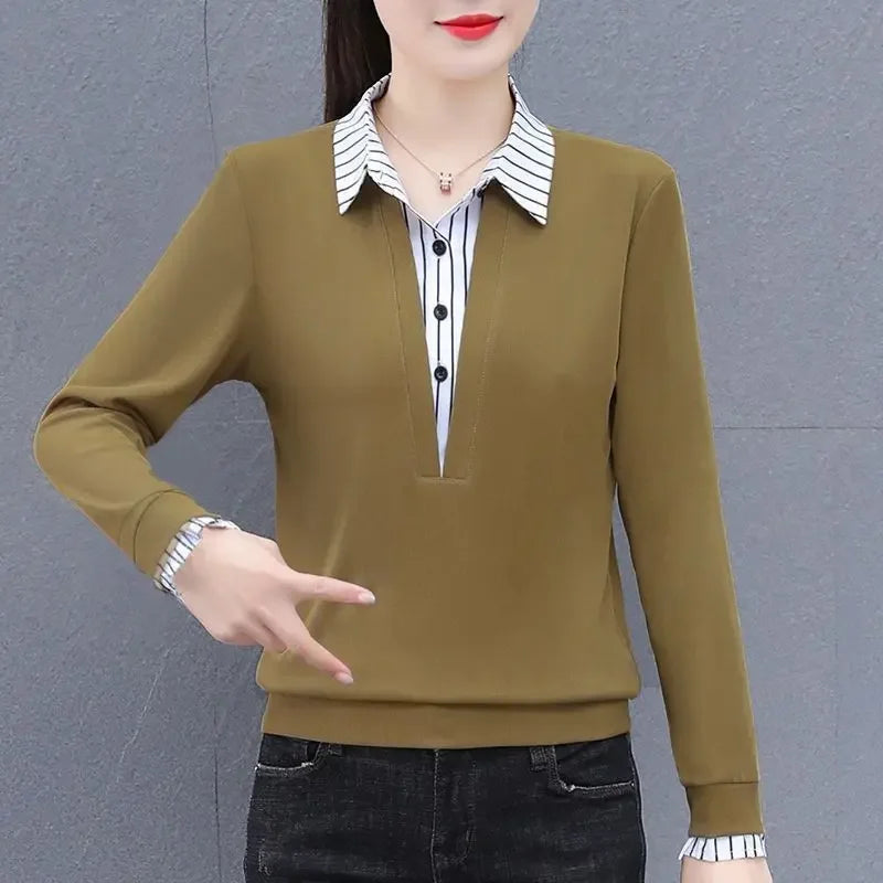 Fake two pieces shirts women's long-sleeved sweater 2024 Spring and Autumn New Korean style fashionable stylish stitching loose top for women