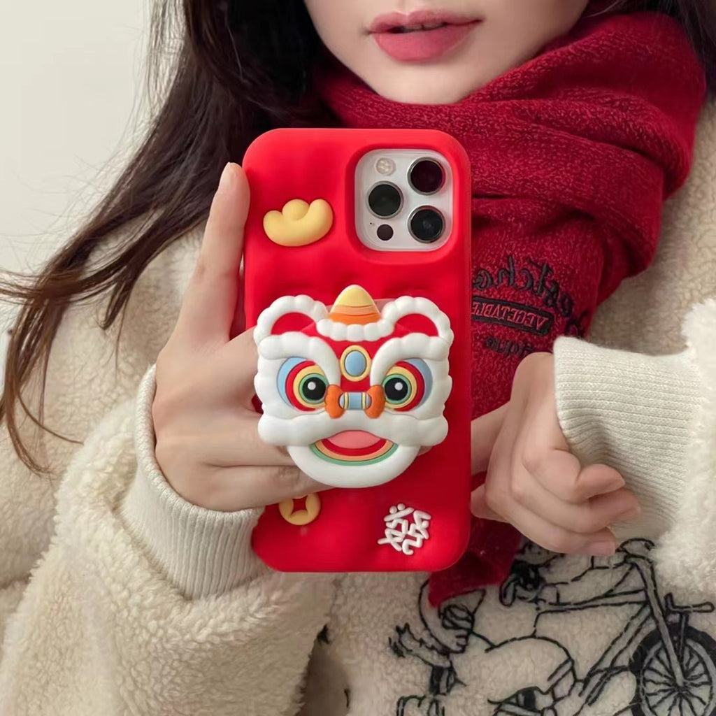 Three-dimensional cartoon New Year red lion dance Apple phone case iPhone12promax female 13Pro bracket
