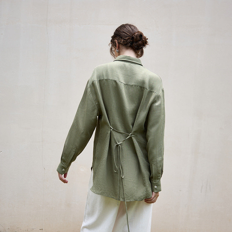 Tencel linen natural texture long-sleeved women's shirt coat autumn and winter French style temperament wind waist belt linen shirt