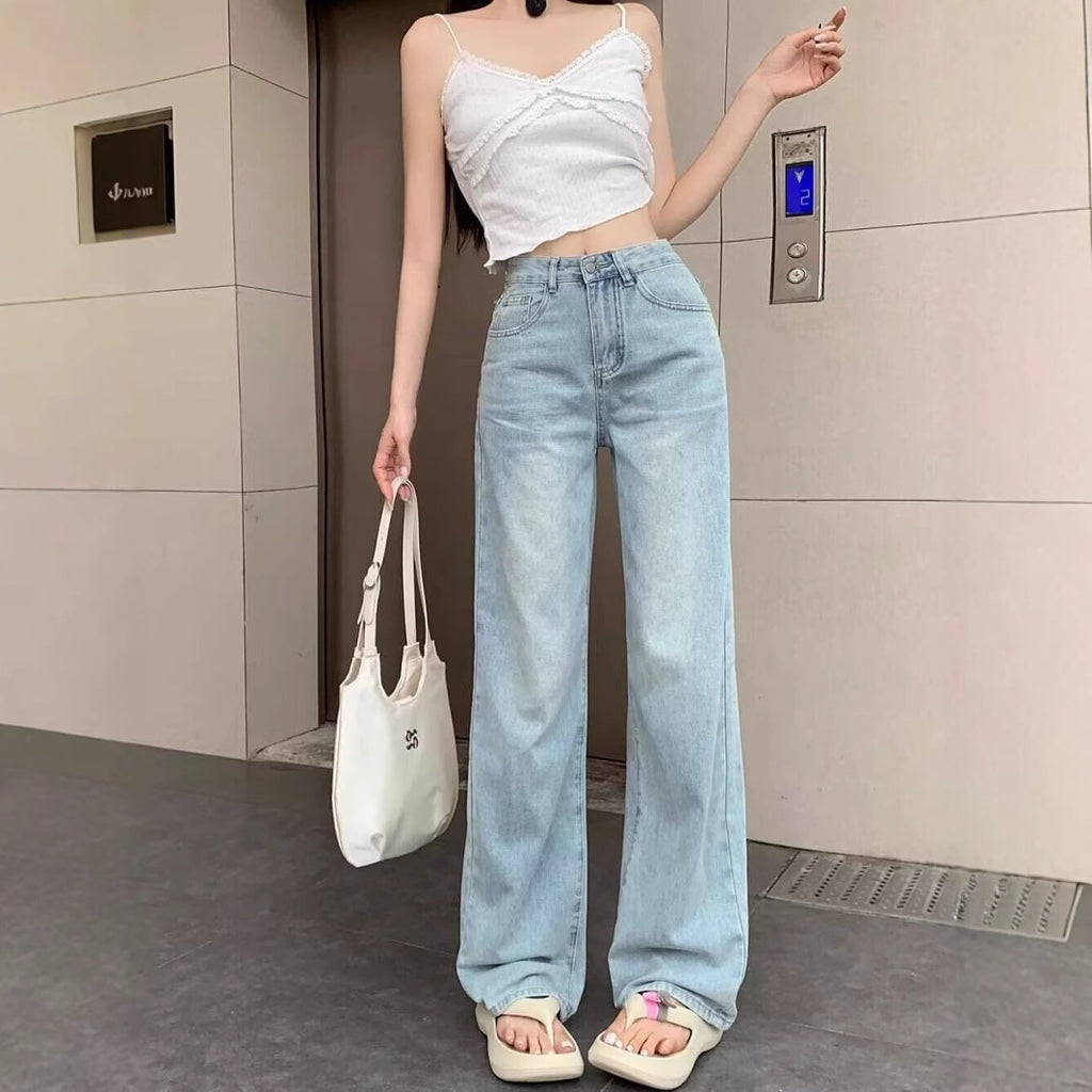 Bowknot embroidered wide-leg jeans for women 2025 Spring/Summer New High waist slimming high-rise all-matching straight pants