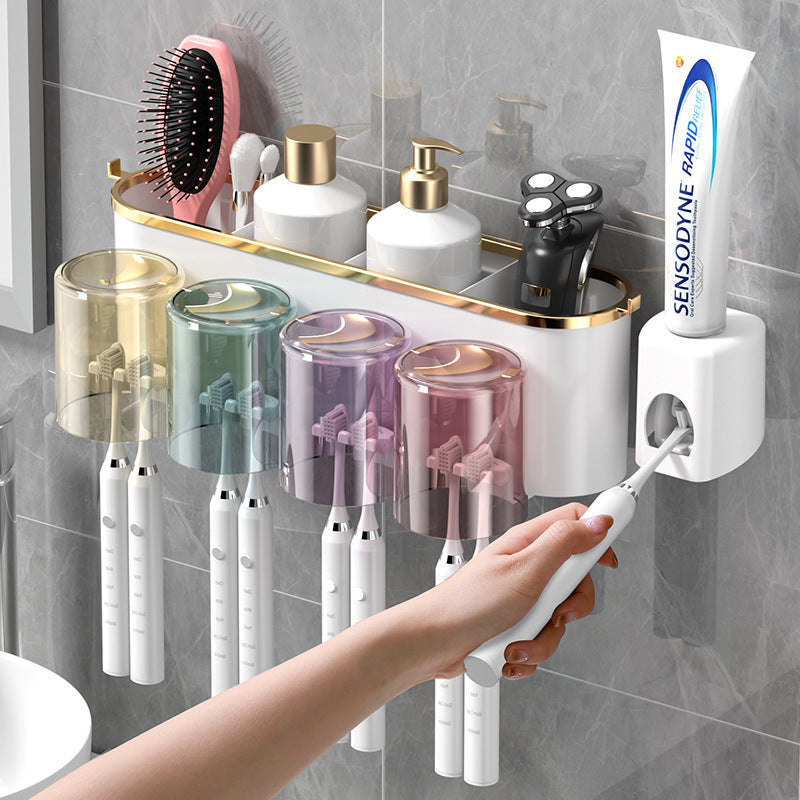 Cross-border toothbrush rack gargle Cup gold-plated toothbrush holder bathroom punch-free wall-mounted toothbrush storage rack suit