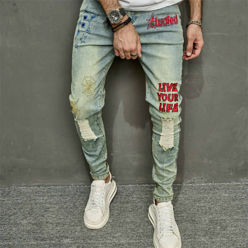 Foreign trade men's jeans trousers high elastic ripped slim jeans men AliExpress men's jeans