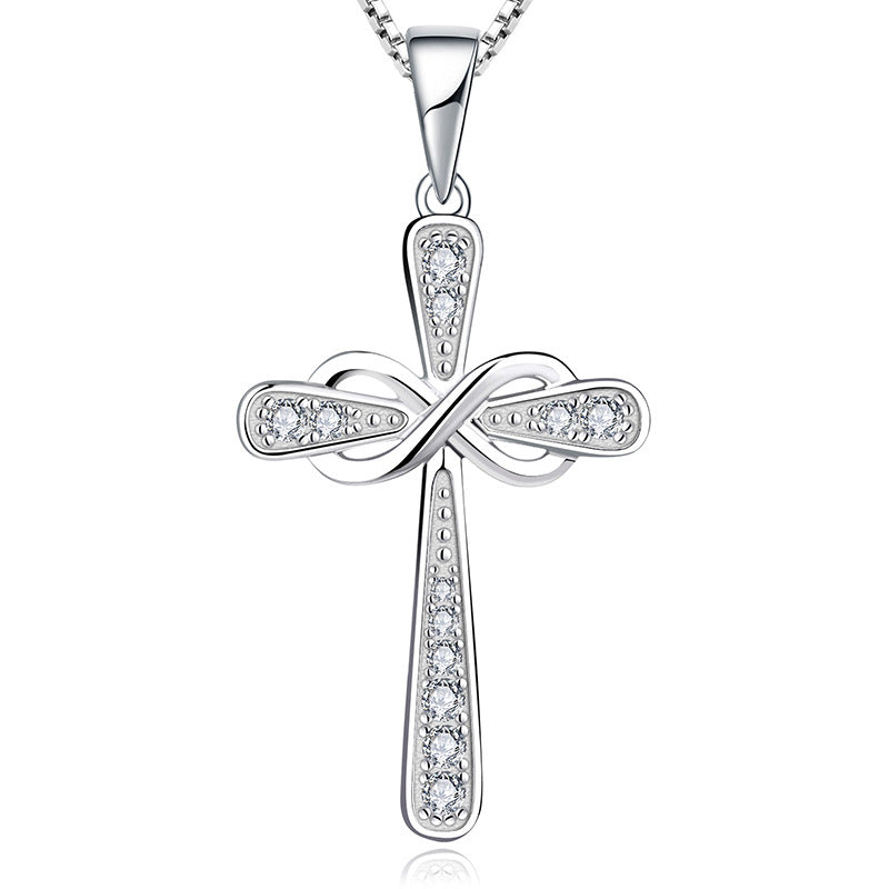 Cross necklace female S925 sterling silver bow zircon pendant foreign trade cross-border thermal mining jewelry silver accessories processing