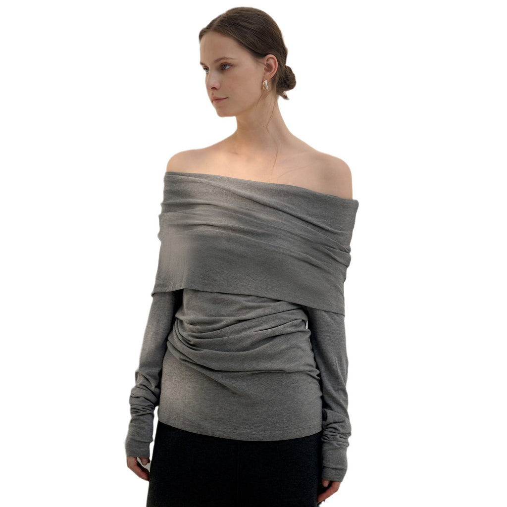 French sexy top long sleeve off-shoulder T-shirt fall slim fit slimming sense of design niche shoulder-baring sweater