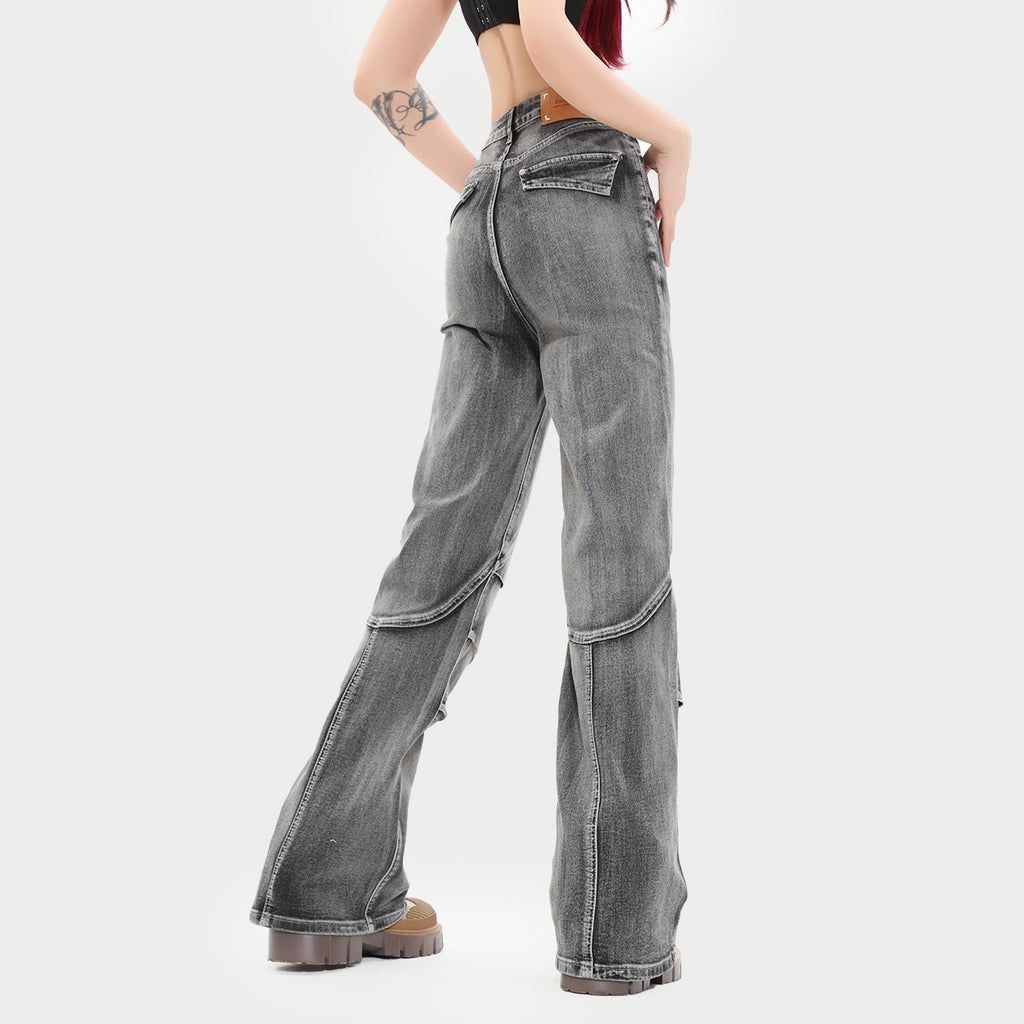 OREETA Retro Patchwork Washed Jeans American Straight Jeans