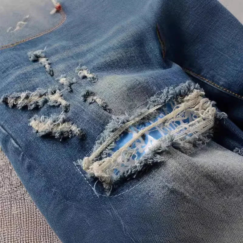 Fashion brand men's jeans slim fit hole & patch men's jeans American high street stretch men skinny pants 832