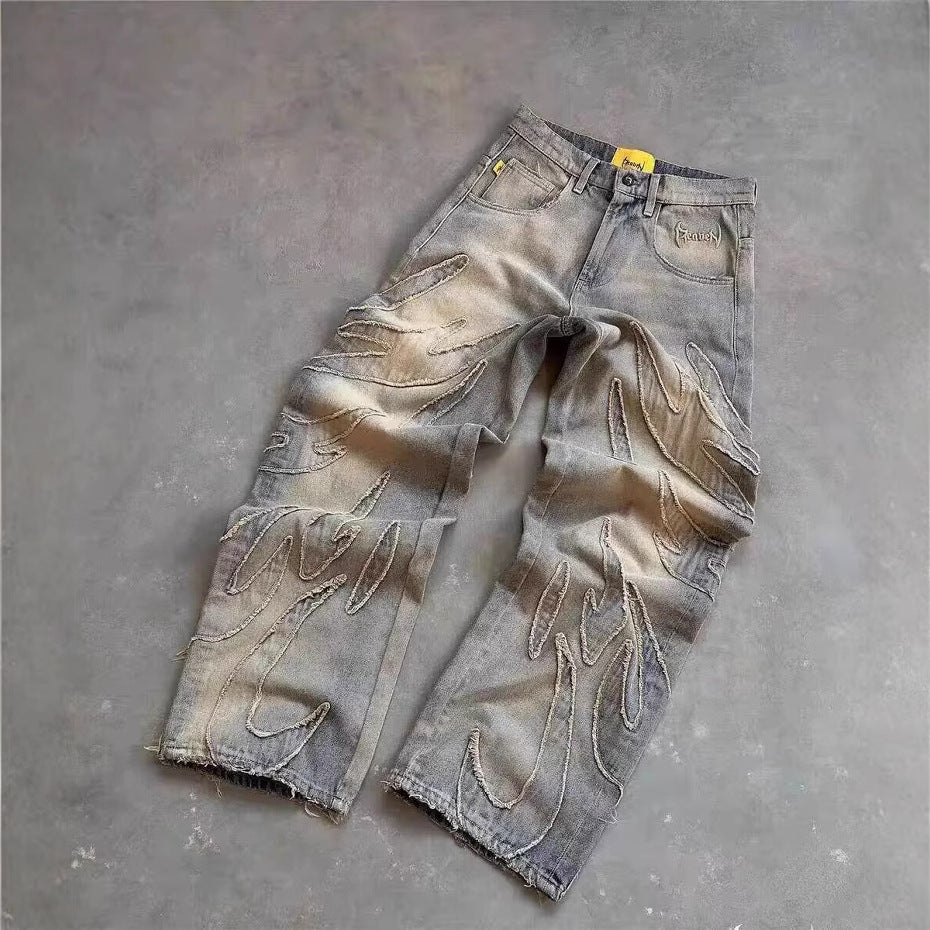 Streetwear jeans men women Harajuku embroidery vintage design loose jeans pants high waist wide leg pants