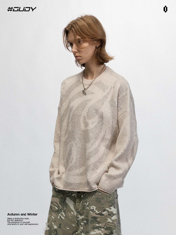 # OVDY autumn and winter American retro fashion brand distressed round neck couple soft glutinous knitted top heavy sweater men and women