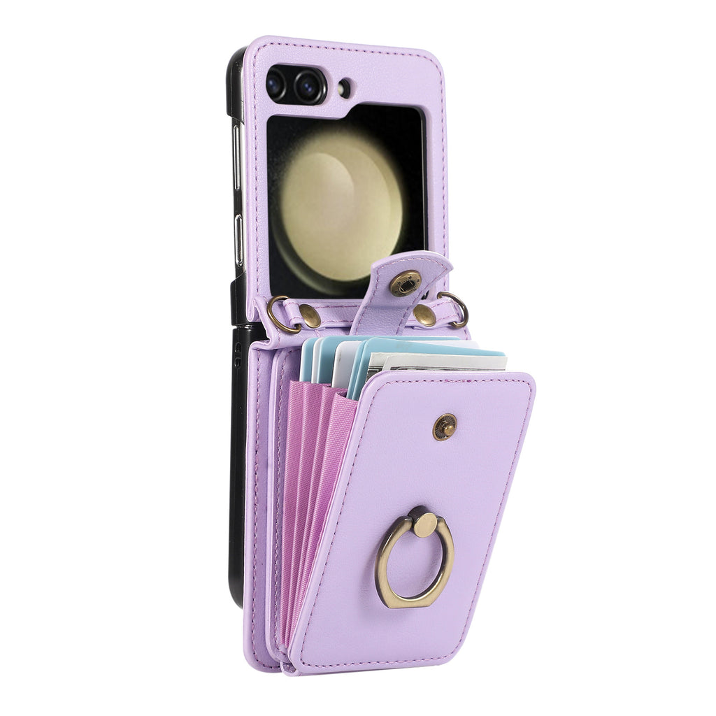 Applicable to Z FLIP5 crossbody expanding card holder foldable screen Z flip6 leather case with fastened ring anti-theft swiping function