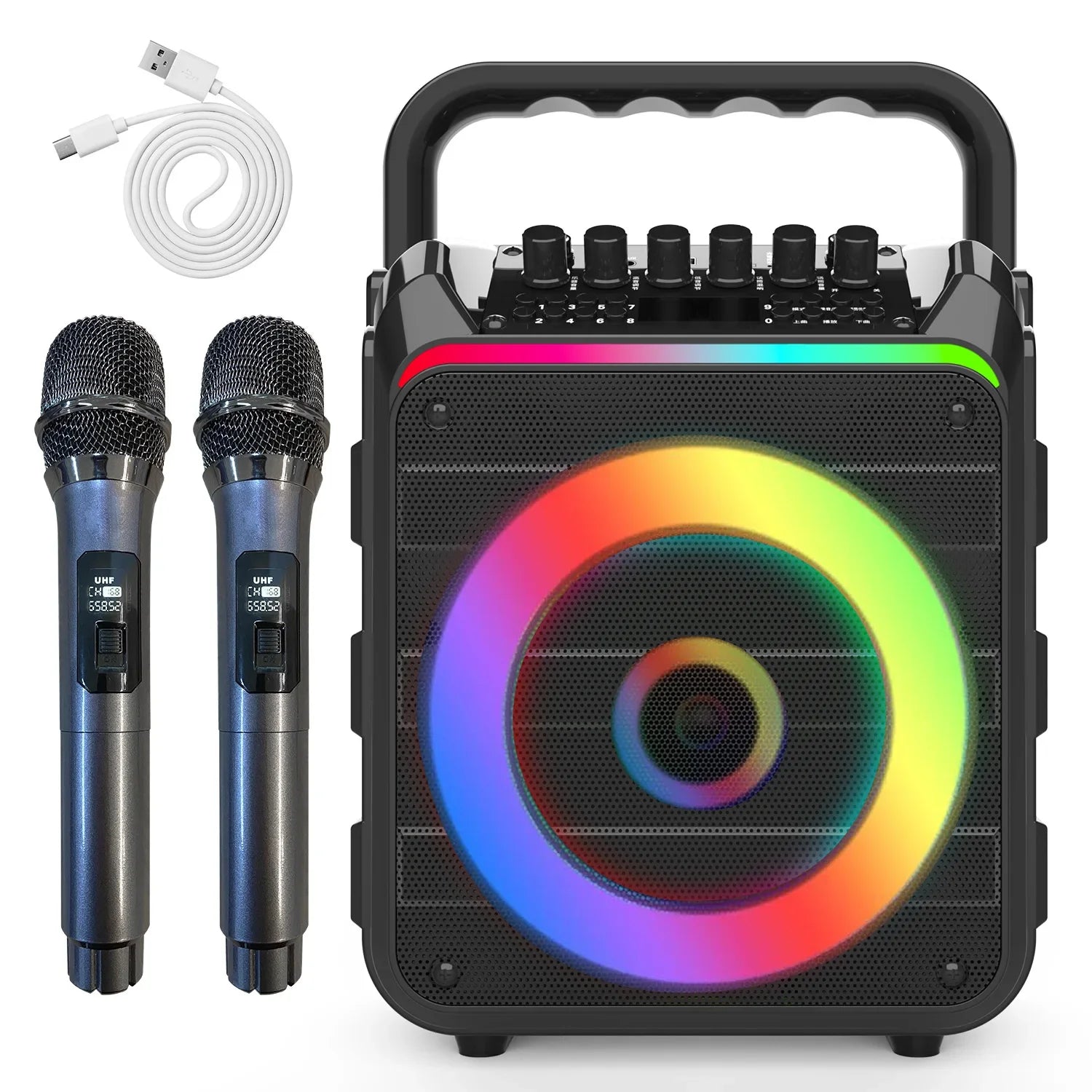 2024 new cross-border portable speaker outdoor KTV microphone Bluetooth integrated machine with dual wireless microphone