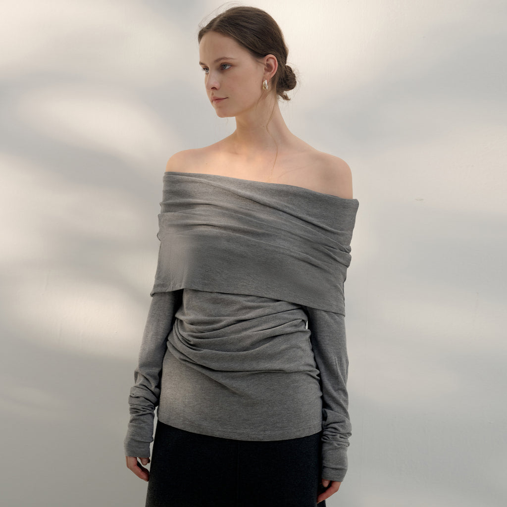 French sexy top long sleeve off-shoulder T-shirt fall slim fit slimming sense of design niche shoulder-baring sweater