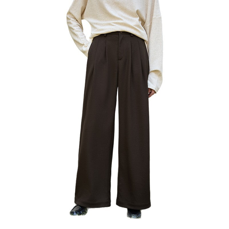 25 autumn and winter New wool straight-leg pants women's high waist pleated crisp pendant wide leg pants all-matching slimming and warm trousers