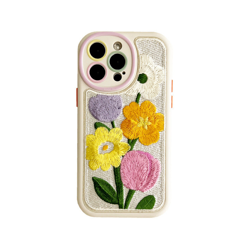 Embroidered flowers for iPhone16promax phone case 15plus protective case 13proamx phone case