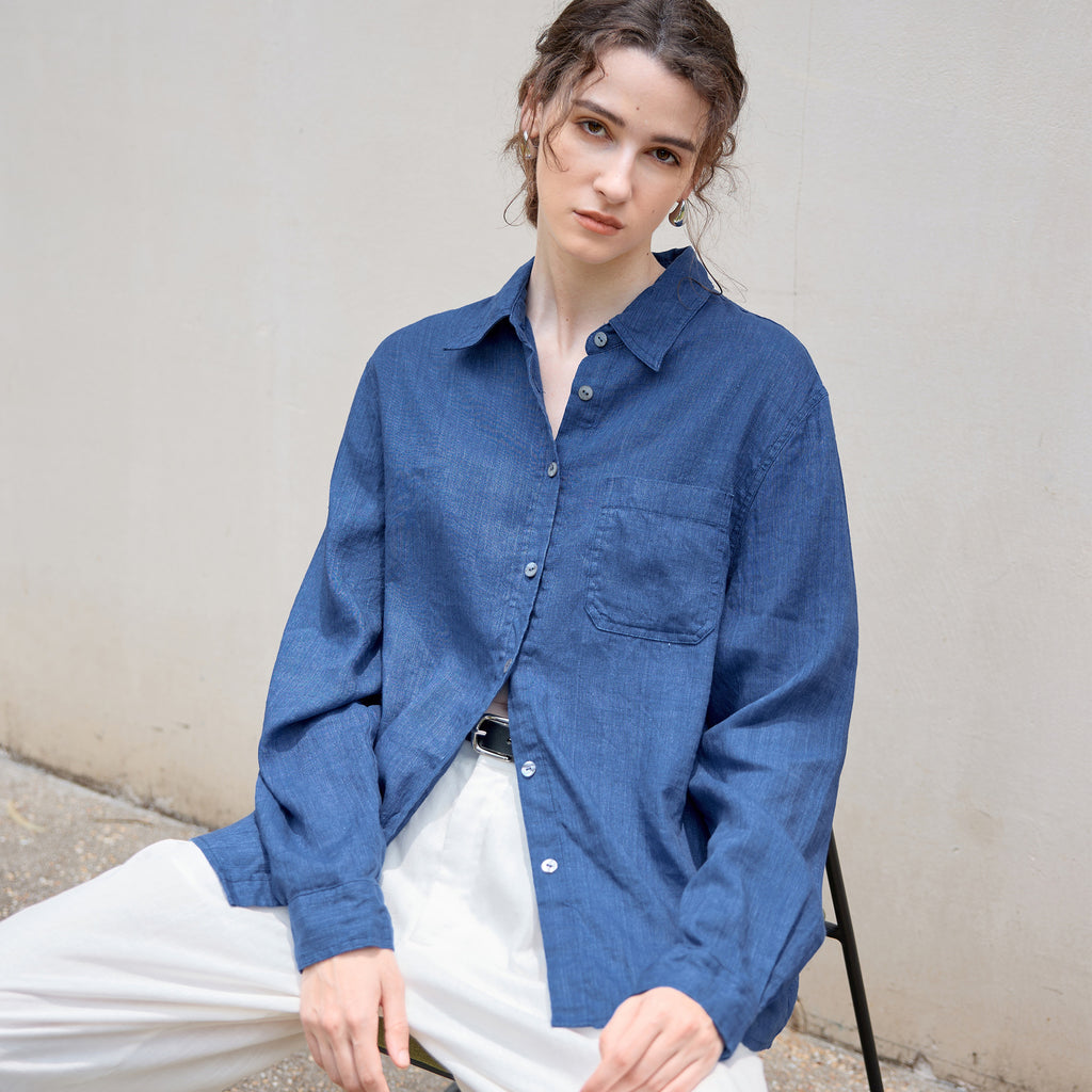 High-end long linen sleeves shirt Women's minimalist relaxed single-breasted Shirt autumn and winter New Tencel linen solid color top