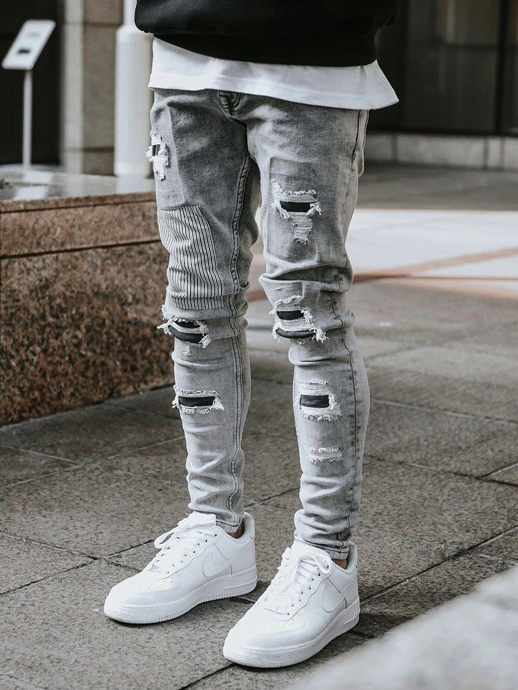 Foreign trade cross-border high quality men's worn skinny stretch jeans Amazon skinny jeans men jeans