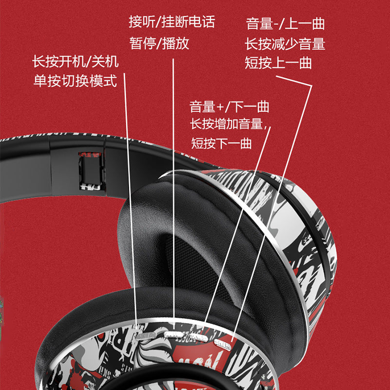 P85 Bluetooth headphone head-mounted wireless painted graffiti colorful luminous cross-border hot bass foldable