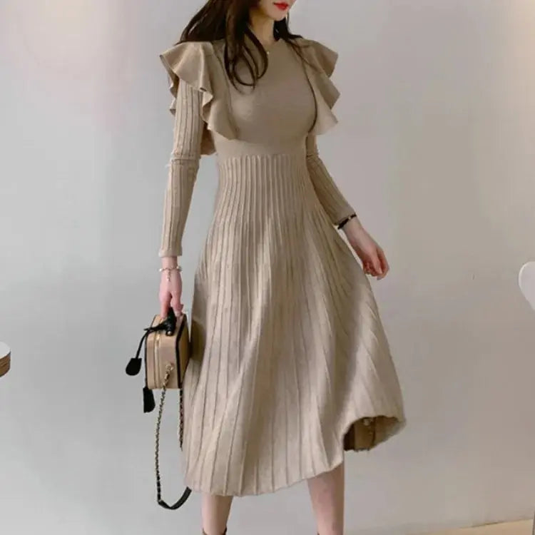 In stock Korean style elegant mid-length ruffled waist trimming knitted large swing sweater mid-length classic style dress