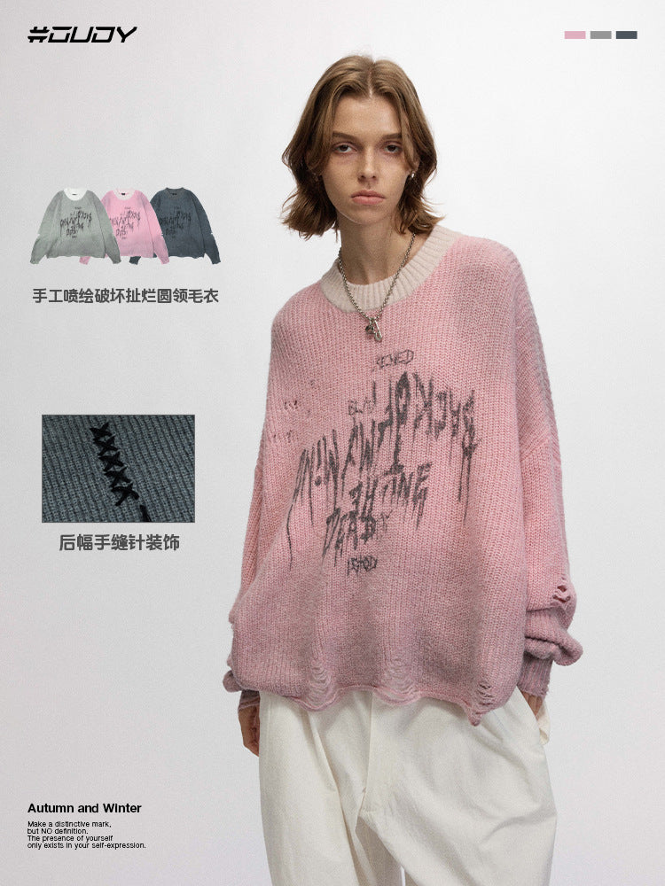 # OVDY autumn and winter New round neck sweater hollow-out ripped design street Tide brand casual loose sweater for men and women