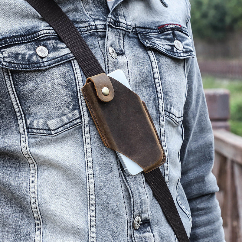 Applicable iPhone 16Pro mobile phone case Crazy Horse leather Apple 15 portable outdoors across leather belt mobile phone leather case