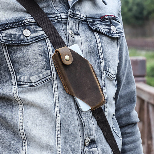 Applicable iPhone 16Pro mobile phone case Crazy Horse leather Apple 15 portable outdoors across leather belt mobile phone leather case