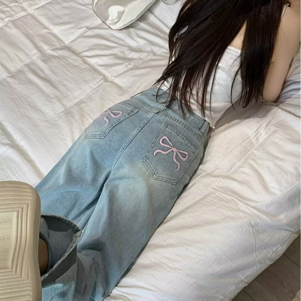 Bowknot embroidered jeans for women 2024 Summer new thin high waist slimming loose straight wide-leg pants autumn