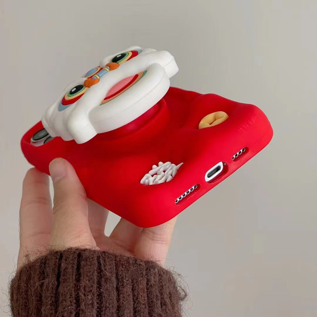 Three-dimensional cartoon New Year red lion dance Apple phone case iPhone12promax female 13Pro bracket