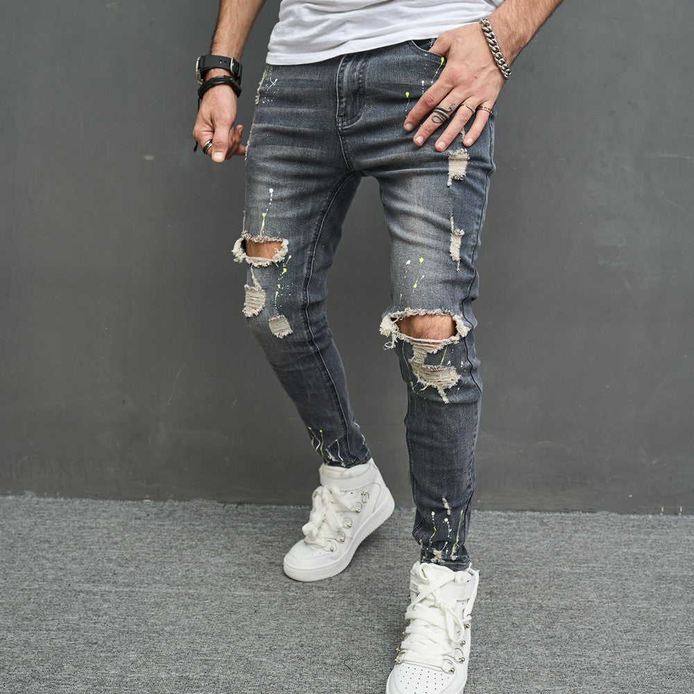 Foreign trade men's jeans trousers high elastic ripped slim jeans men AliExpress men's jeans