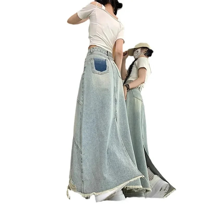 Light color split Denim skirt for women 2024 Summer new high waist raw hem ripped slimming mid-length A- line skirt