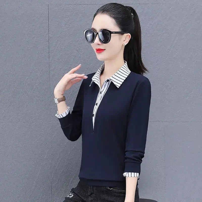 Fake two pieces shirts women's long-sleeved sweater 2024 Spring and Autumn New Korean style fashionable stylish stitching loose top for women