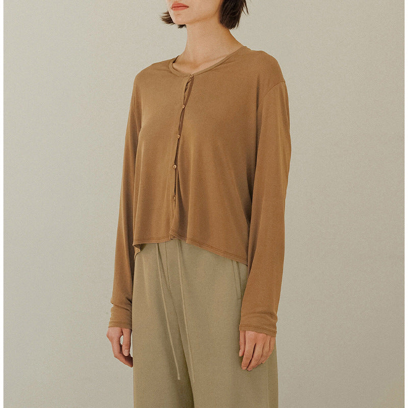 2025 spring and autumn simplicity solid color knitted cardigan pure cotton soft breathable round neck lightweight soft jacket long-sleeved women's clothing