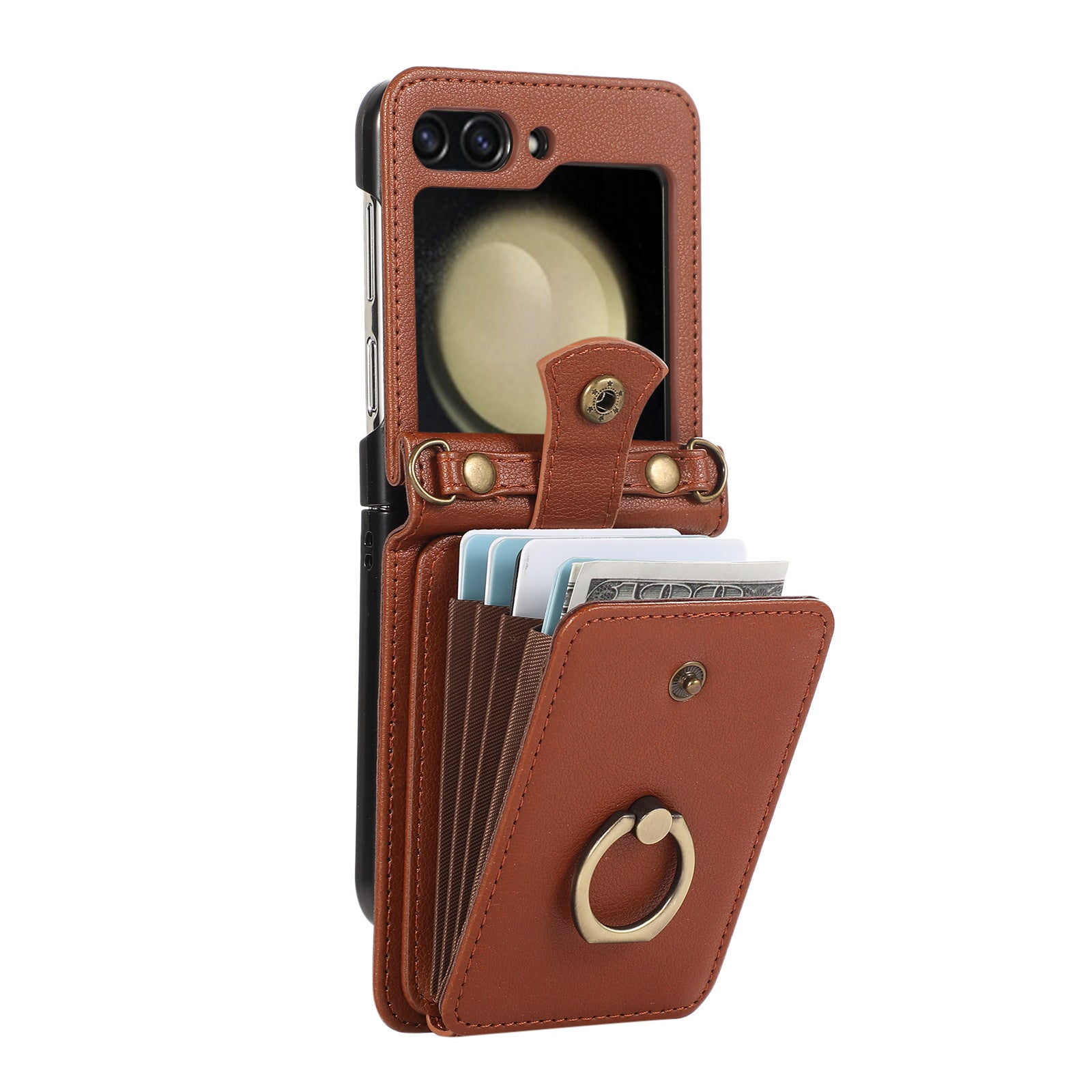 Applicable to Z FLIP5 crossbody expanding card holder foldable screen Z flip6 leather case with fastened ring anti-theft swiping function