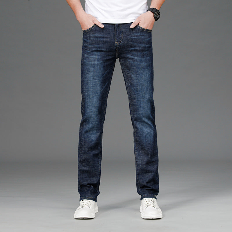 Jeans men's spring and summer straight slim stretch denim trousers men's business mid-high waist jeans thin