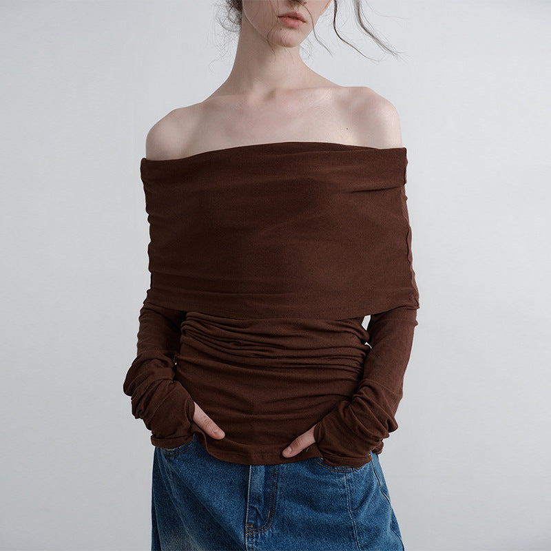 French sexy top long sleeve off-shoulder T-shirt fall slim fit slimming sense of design niche shoulder-baring sweater