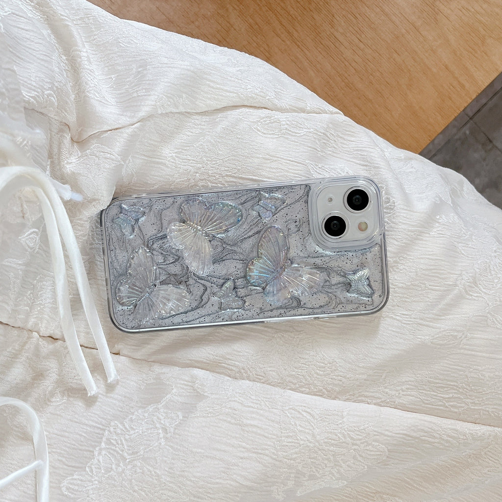 New epoxy for Apple 16 phone case girl iPhone15 silver gray butterfly drop-resistant protective cover creative XR