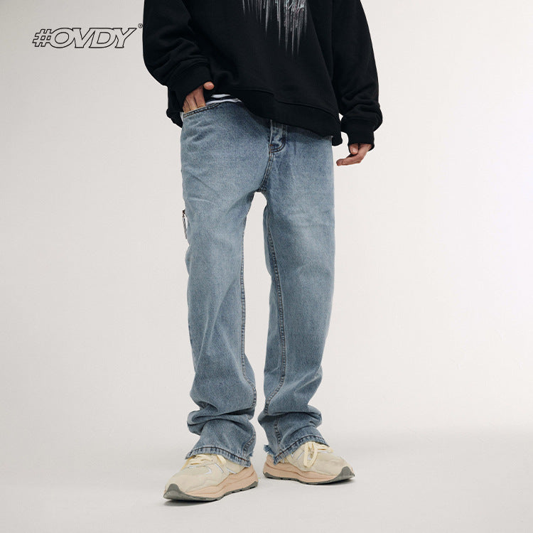 # OVDY men's autumn and winter New European and American fashion brand retro simple distressed trousers casual straight-leg jeans fashion