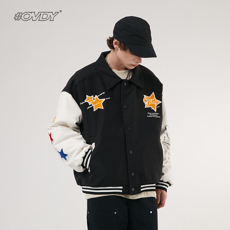 # OVDY autumn and winter Japanese style street baseball uniform star theme towel embroidery retro multicolor jacket coat men's fashion brand