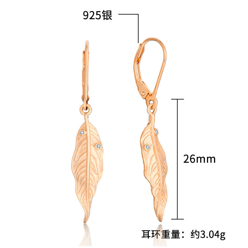 Ear clip s925 silver rose gold leaves sandblasting zirconium earrings eardrops female foreign trade cross-border jewelry silver accessories processing