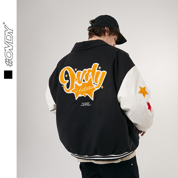 # OVDY autumn and winter Japanese style street baseball uniform star theme towel embroidery retro multicolor jacket coat men's fashion brand