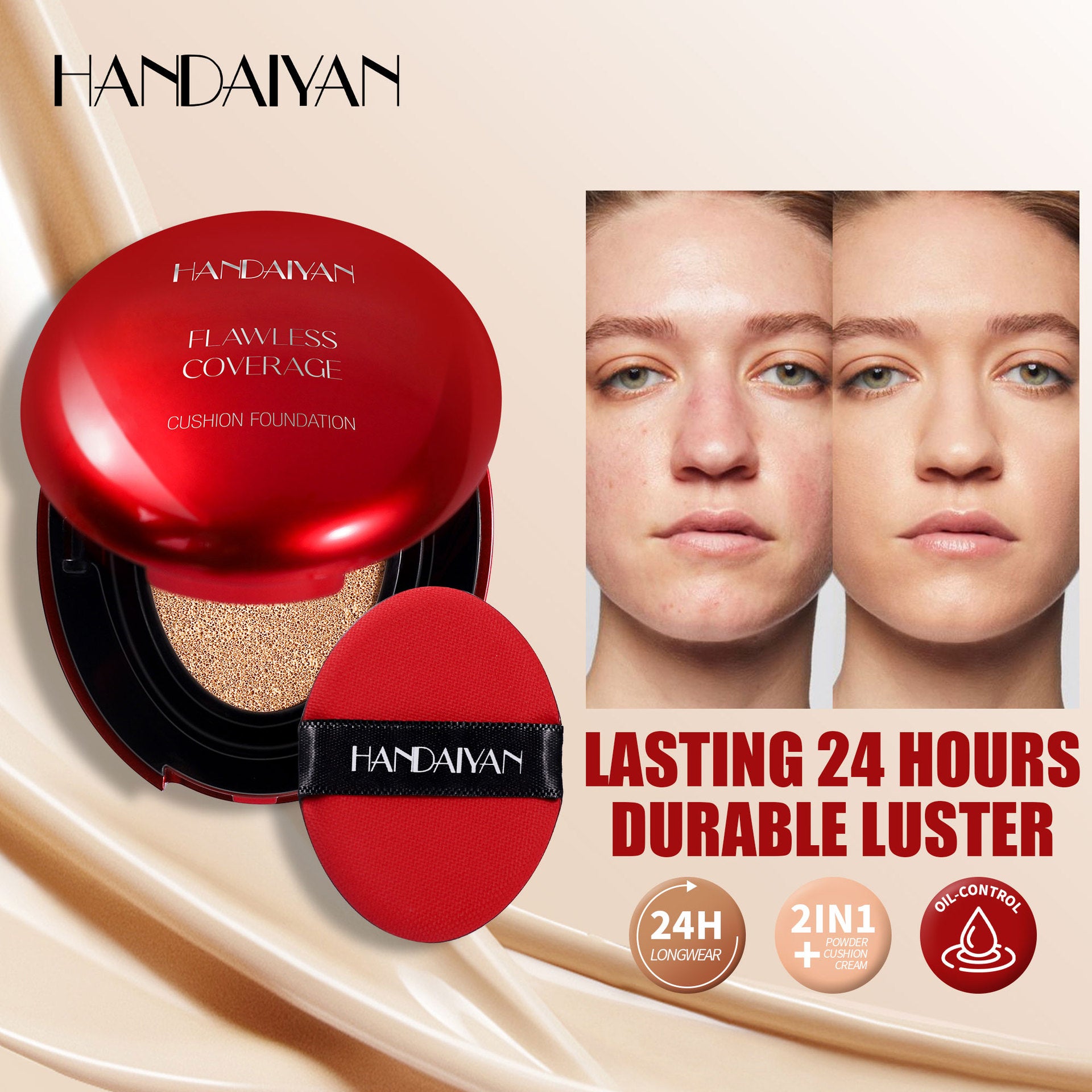 In stock cushion liquid foundation 5-color oval red shell handaiyan clear natural concealer repair cross-border liquid foundation