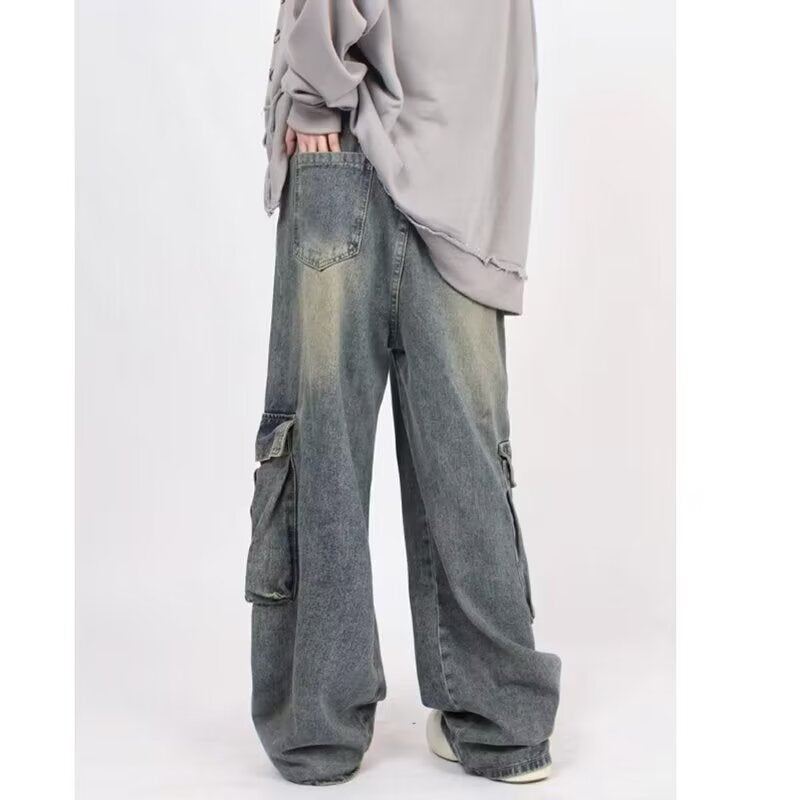American retro washed jeans spring and autumn distressed men and women lovers wild High Street multi-pocket drape Leisure Cargo