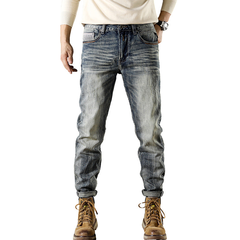 Washed jeans brushed white high quality Denim men's pants Korean style handsome stretch jeans men's